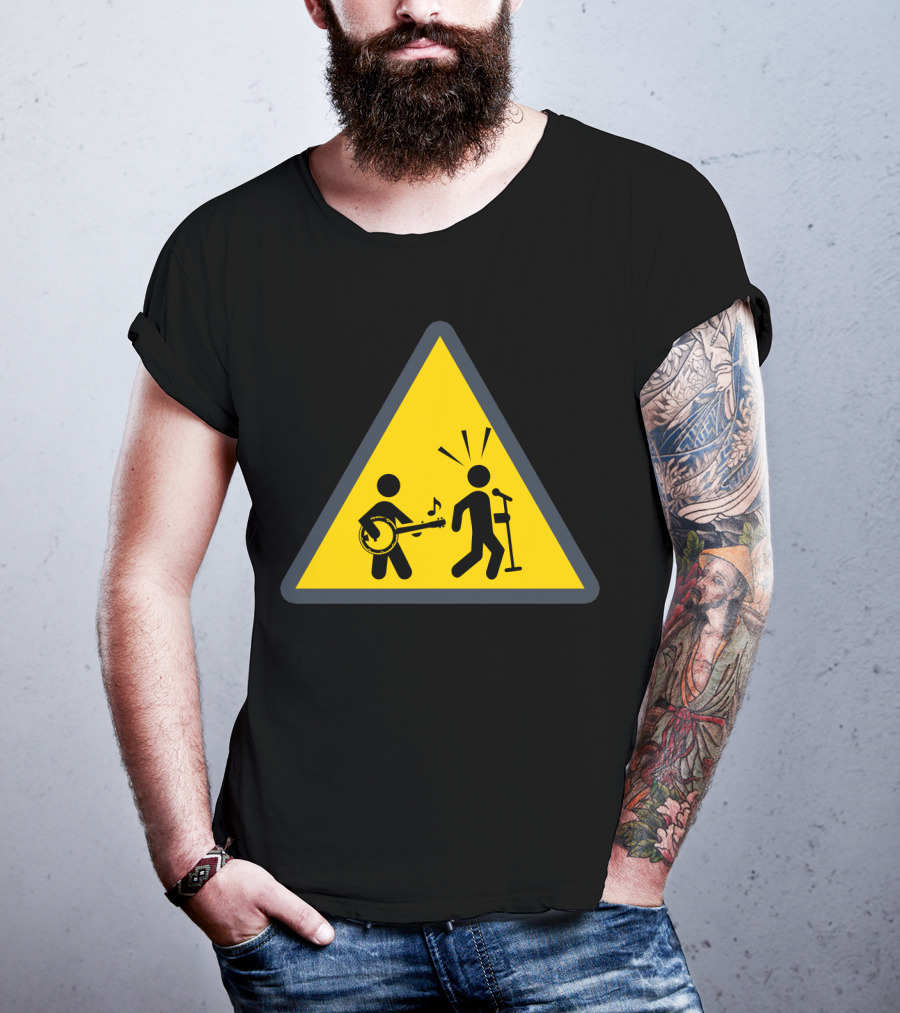 Funny Banjo Warning Sign Icon With Music And Microphone T-Shirt