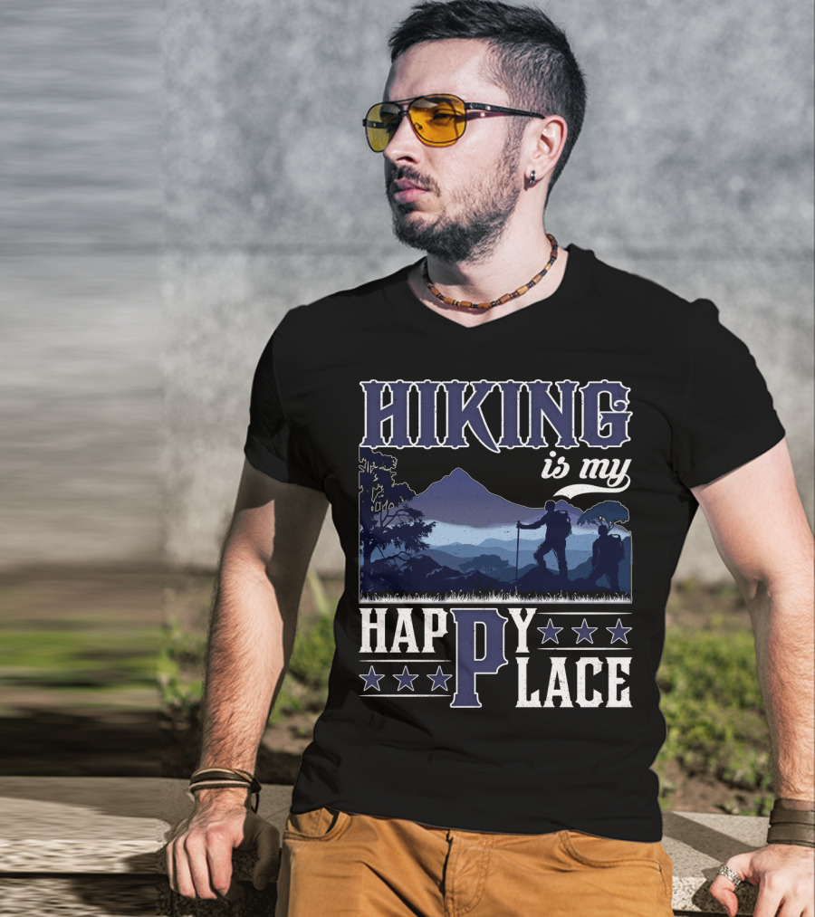 Hiking Is My Happy Place Mountain Silhouette Adventure T-Shirt