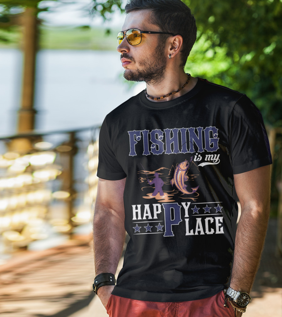 Fishing Is My Happy Place With Angler And Fish T-Shirt