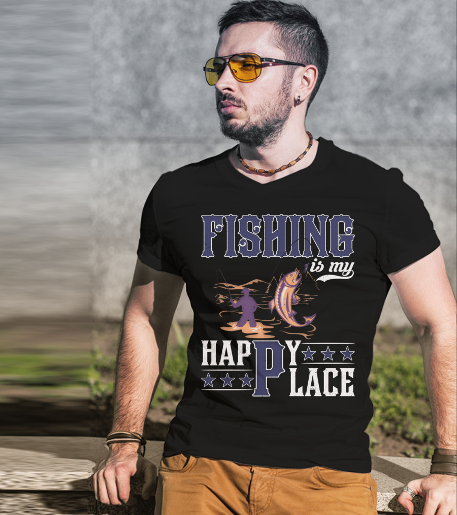 Fishing Is My Happy Place With Angler And Fish T-Shirt