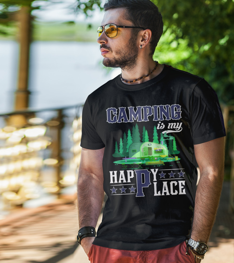 Camping Is My Happy Place Camper Forest Scene With Stars T-Shirt
