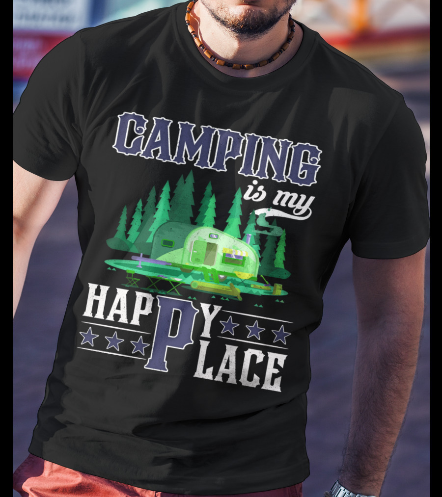 Camping Is My Happy Place Camper Forest Scene With Stars T-Shirt