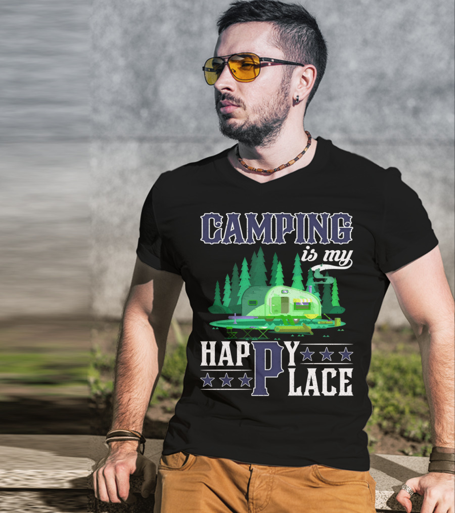 Camping Is My Happy Place Camper Forest Scene With Stars T-Shirt