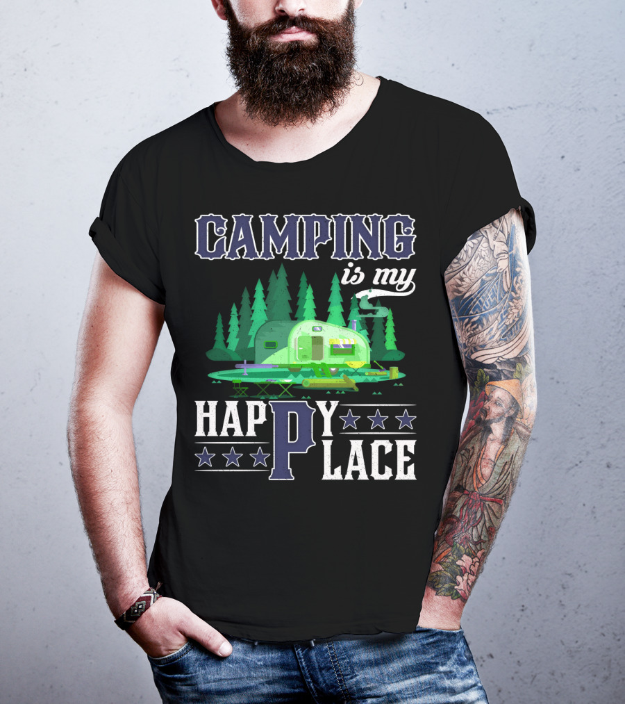 Camping Is My Happy Place Camper Forest Scene With Stars T-Shirt