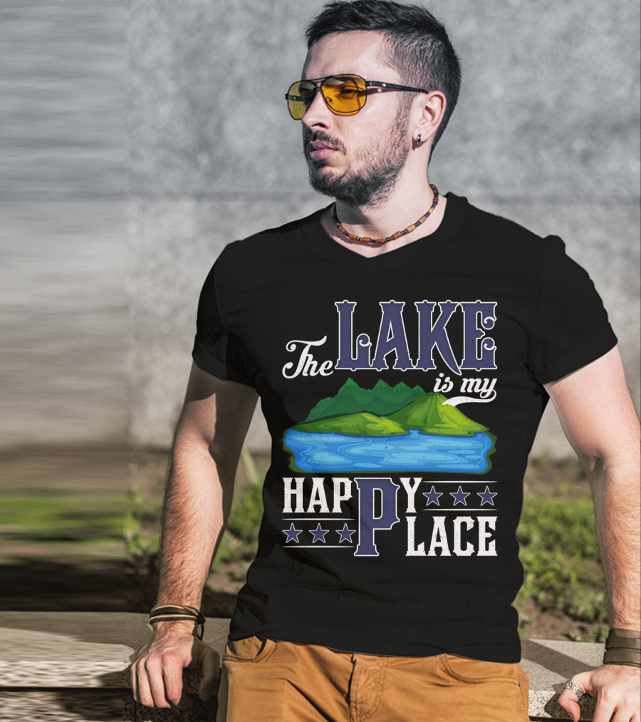 The Lake Is My Happy Place With Blue Water And Green Mountain Scene T-Shirt