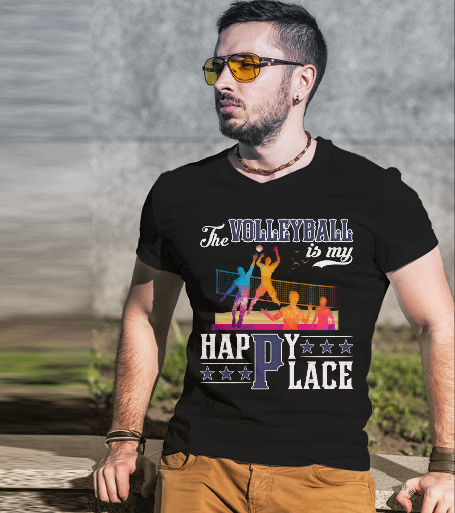 The Volleyball Is My Happy Place Colorful Players Action Scene T-Shirt