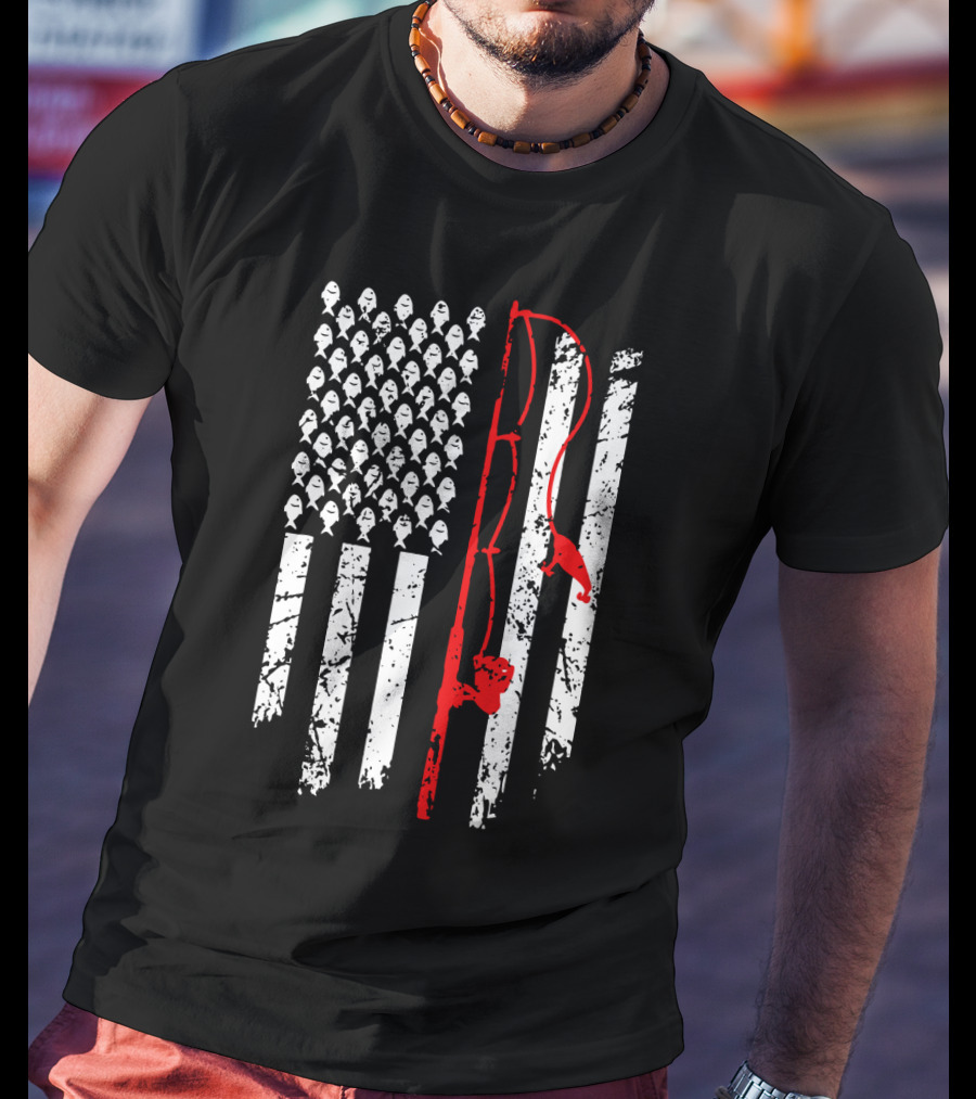Vintage Fishing Rod American Flag T-Shirt