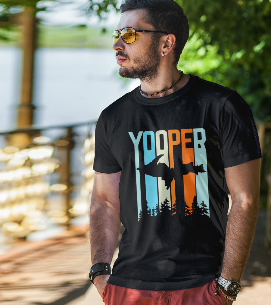 Yooper Silhouette Upper Peninsula Retro Stripes T-Shirt