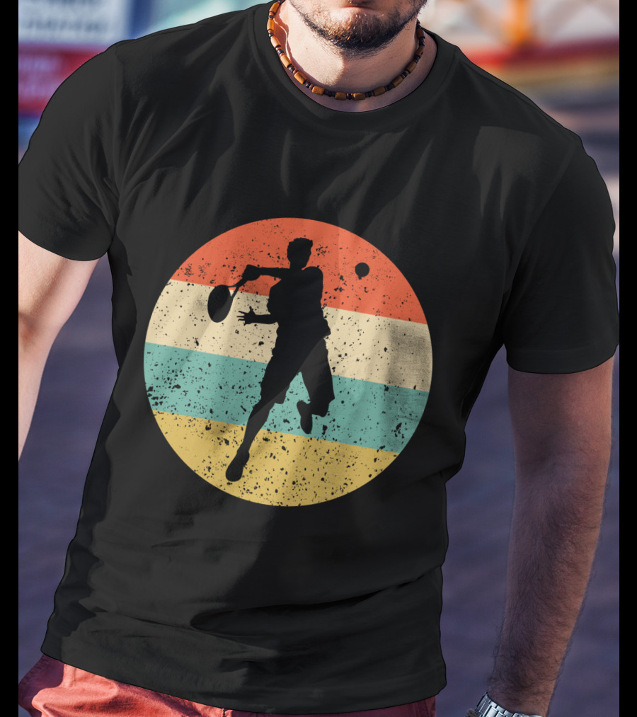 Vintage Retro Tennis Player Silhouette In Distressed Circle T-Shirt
