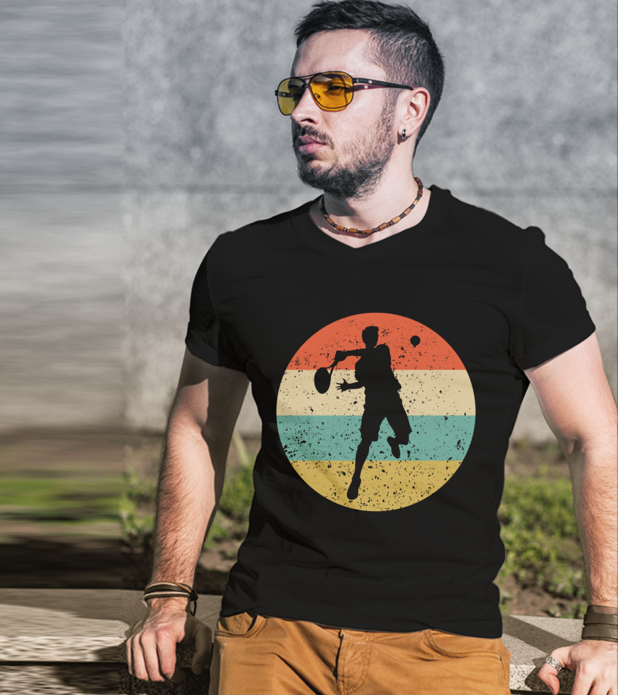 Vintage Retro Tennis Player Silhouette In Distressed Circle T-Shirt