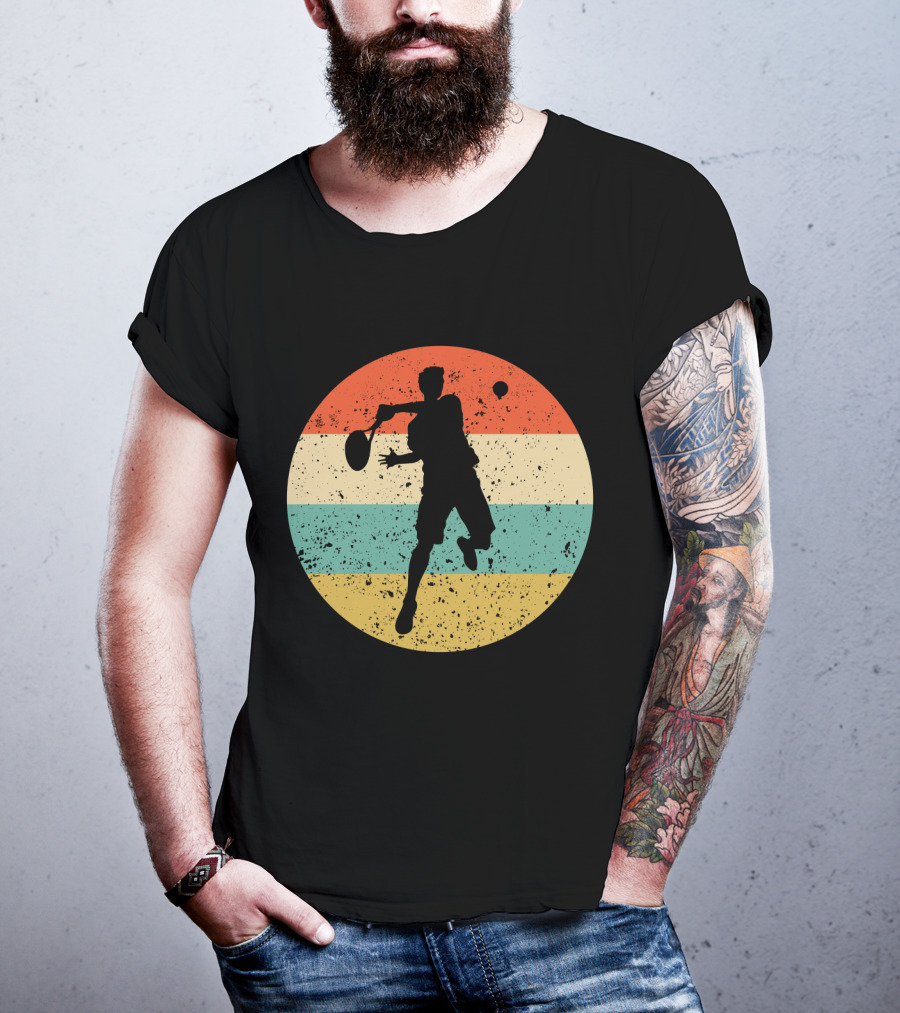 Vintage Retro Tennis Player Silhouette In Distressed Circle T-Shirt
