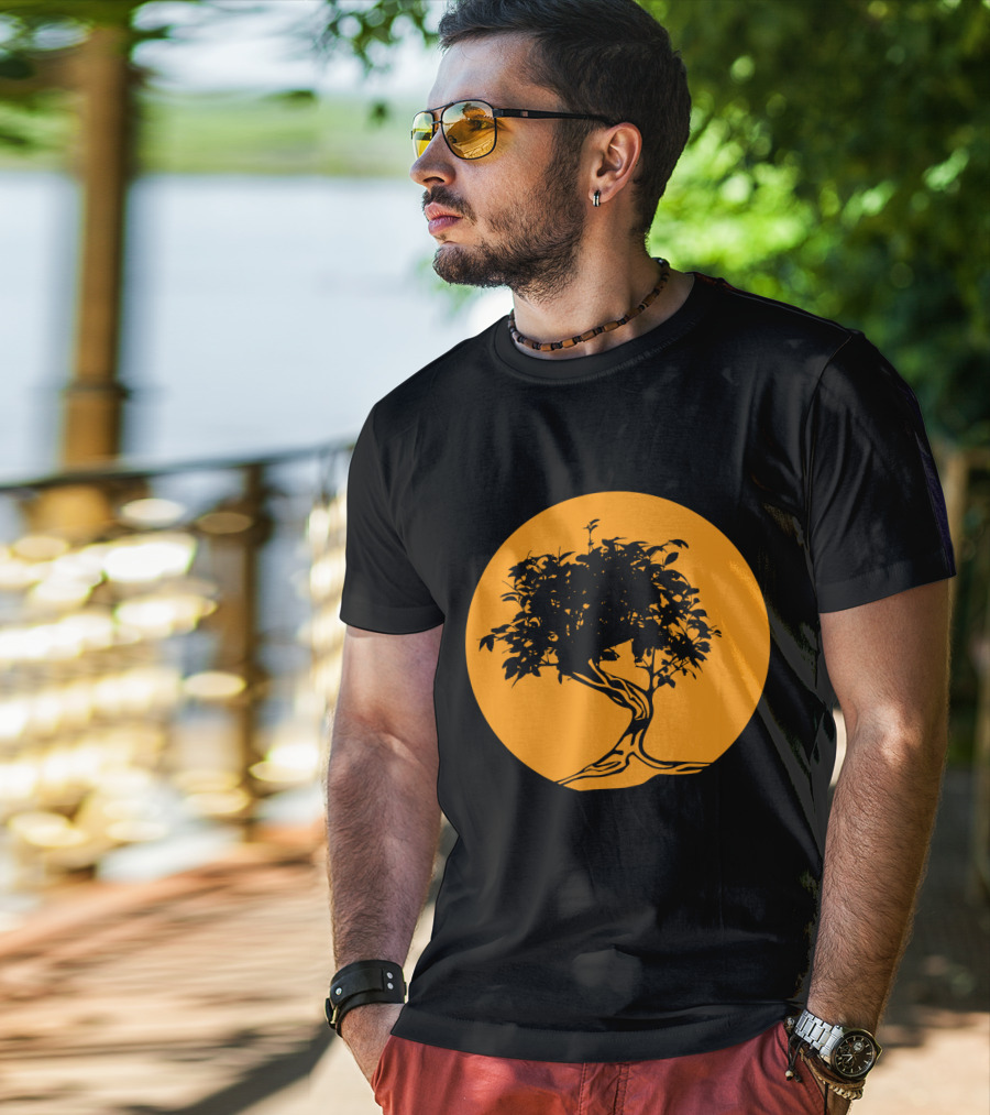 Bonsai Japan Yin Yang Monk Tree Silhouette Circle T-Shirt