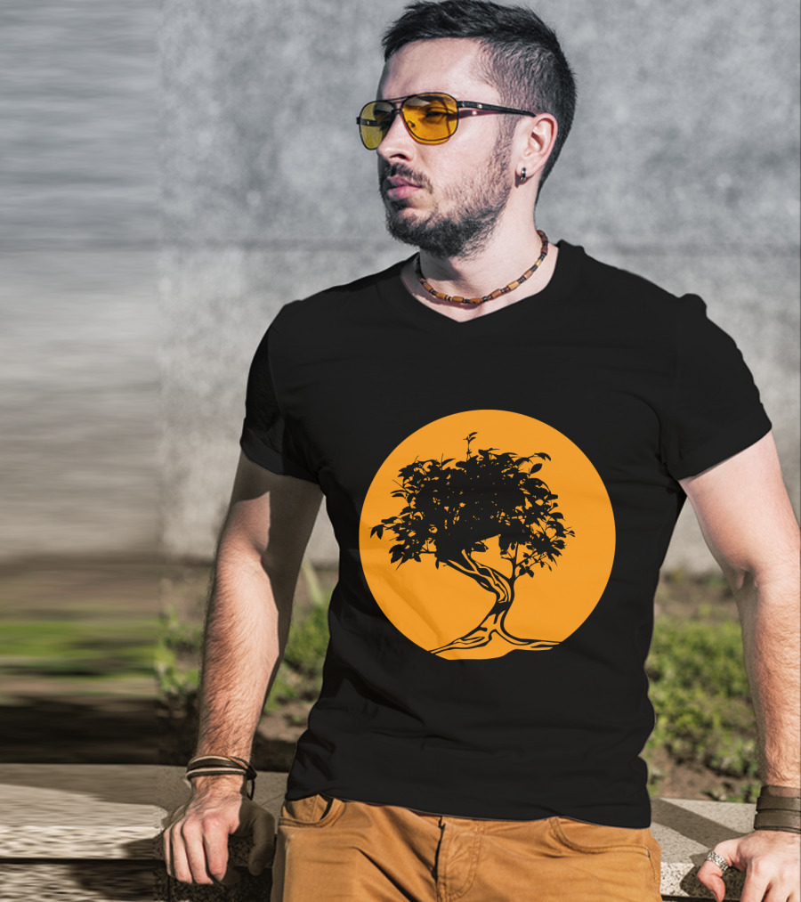 Bonsai Japan Yin Yang Monk Tree Silhouette Circle T-Shirt