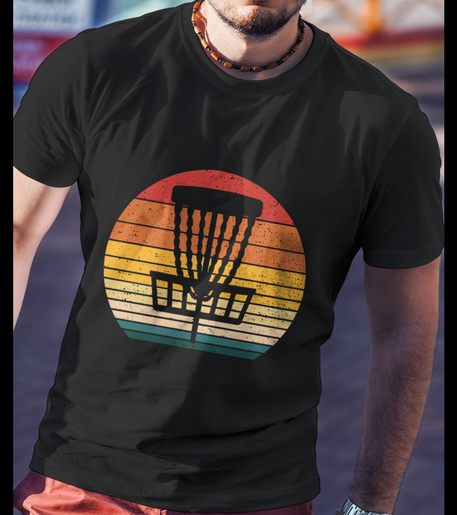 Retro Disc Golf Basket Sunset Stripes T-Shirt
