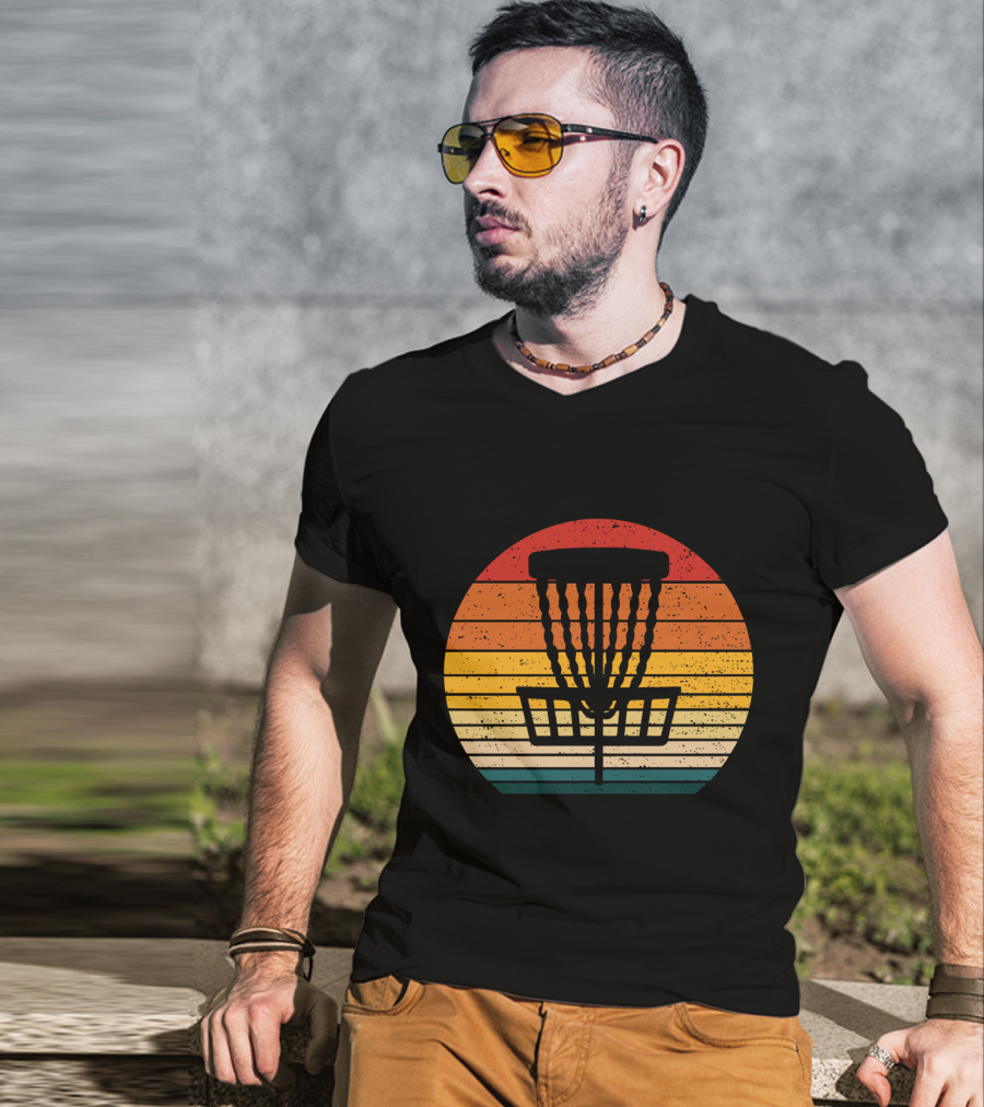 Retro Disc Golf Basket Sunset Stripes T-Shirt