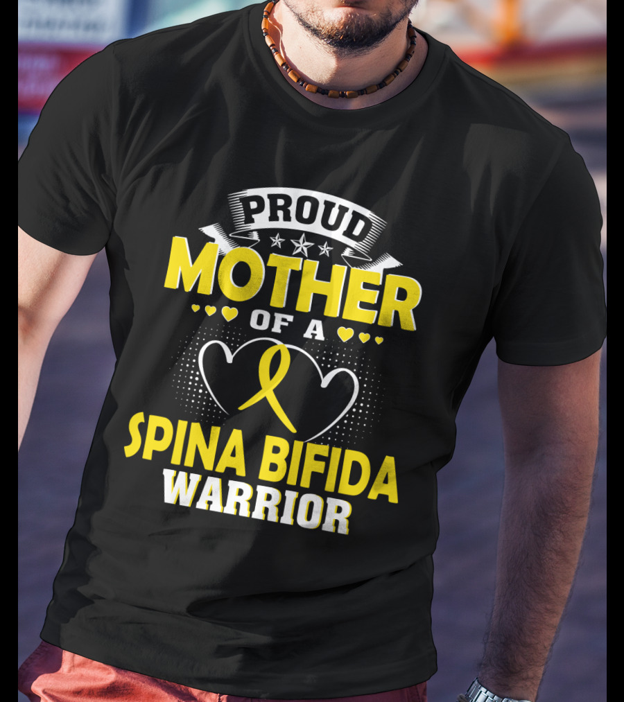 Proud Mother Of A Spina Bifida Warrior Yellow Ribbon Hearts Stars T-Shirt