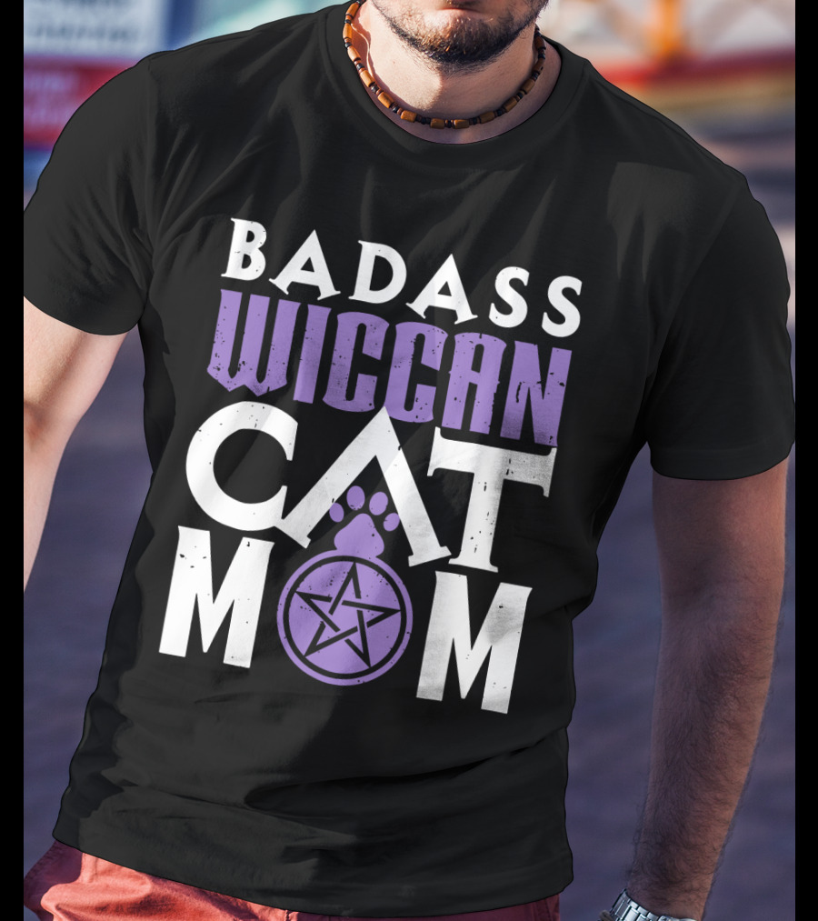 Badass Wiccan Cat Mom With Pentagram Paw Prints T-Shirt