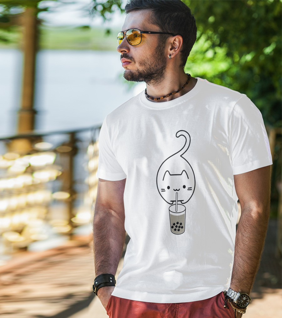 Cat Drinking Boba Milk Tea With Straw T-Shirt
