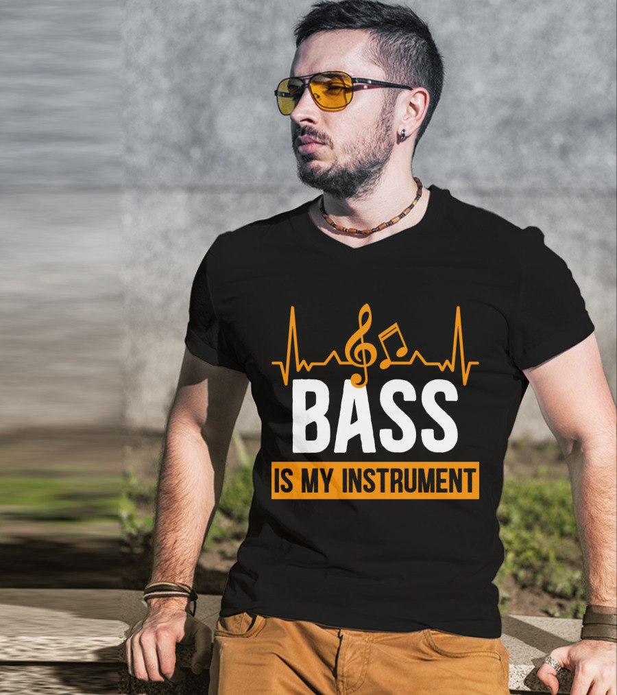 BASS Is My Instrument With Musical Notes And Heartbeat Line T-Shirt