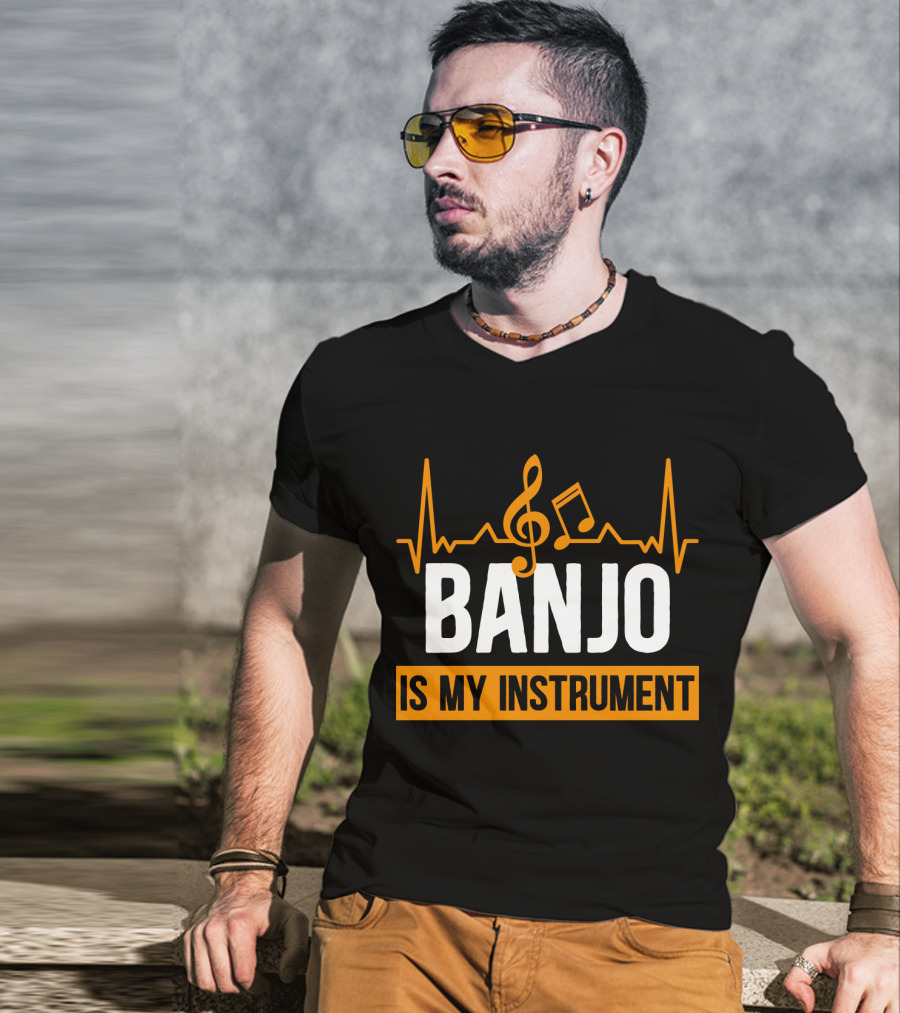 Banjo Is My Instrument With Musical Symbols And Sound Waves T-Shirt