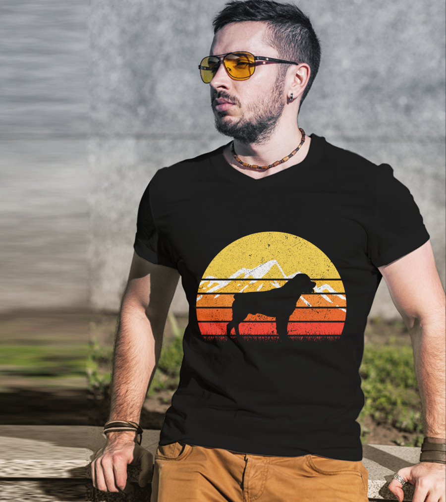 Retro Vintage Rottweiler Dog Silhouette Sunset Mountains T-Shirt