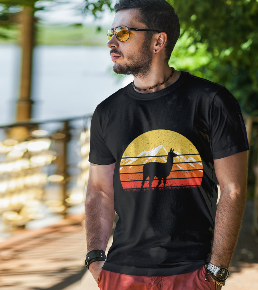 Retro Vintage Alpaca Silhouette Sunset Mountain Scene T-Shirt