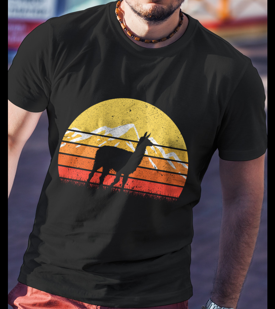 Retro Vintage Alpaca Silhouette Sunset Mountain Scene T-Shirt