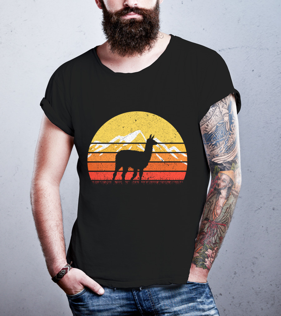 Retro Vintage Alpaca Silhouette Sunset Mountain Scene T-Shirt