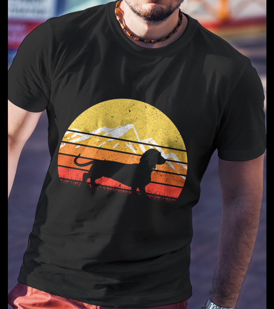 Retro Vintage Dachshund Dog Silhouette Sunset Mountains T-Shirt