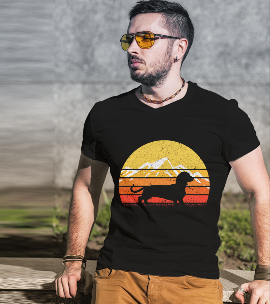 Retro Vintage Dachshund Dog Silhouette Sunset Mountains T-Shirt