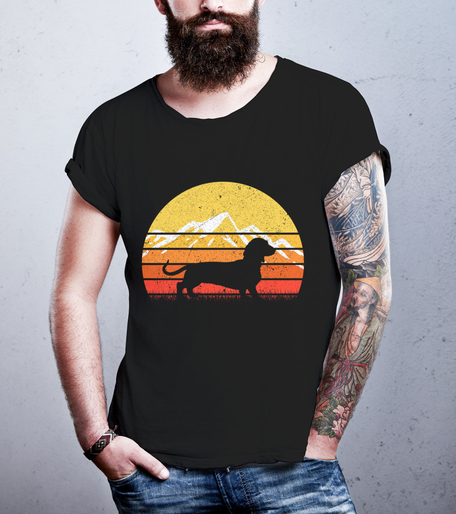 Retro Vintage Dachshund Dog Silhouette Sunset Mountains T-Shirt