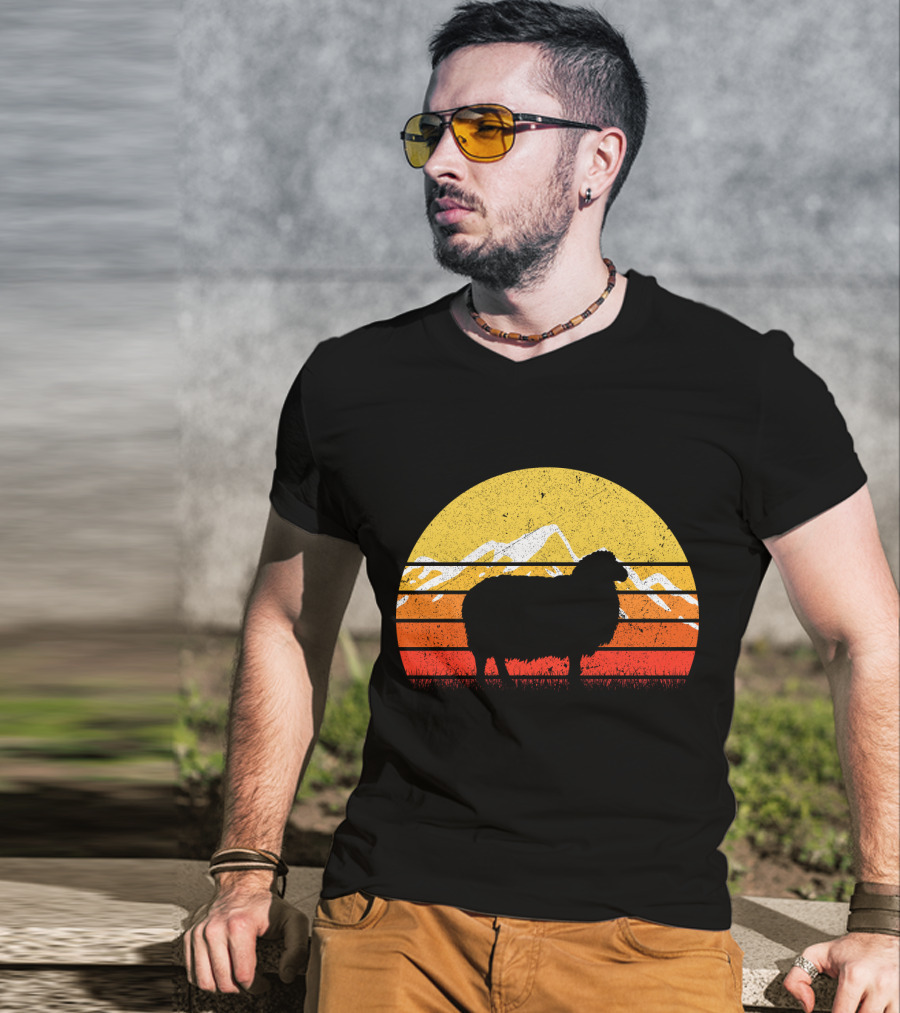Retro Vintage Sheep Sunset With Mountains T-Shirt