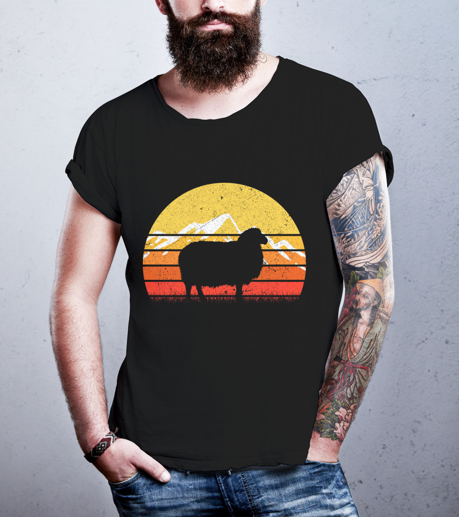 Retro Vintage Sheep Sunset With Mountains T-Shirt