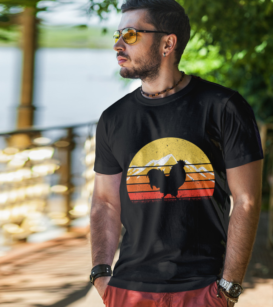 Retro Vintage Chicken Silhouette Sunset With Mountain Background T-Shirt