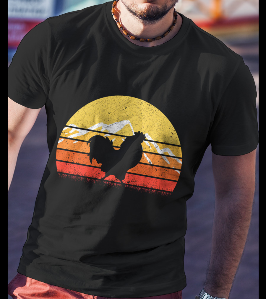 Retro Vintage Chicken Silhouette Sunset With Mountain Background T-Shirt