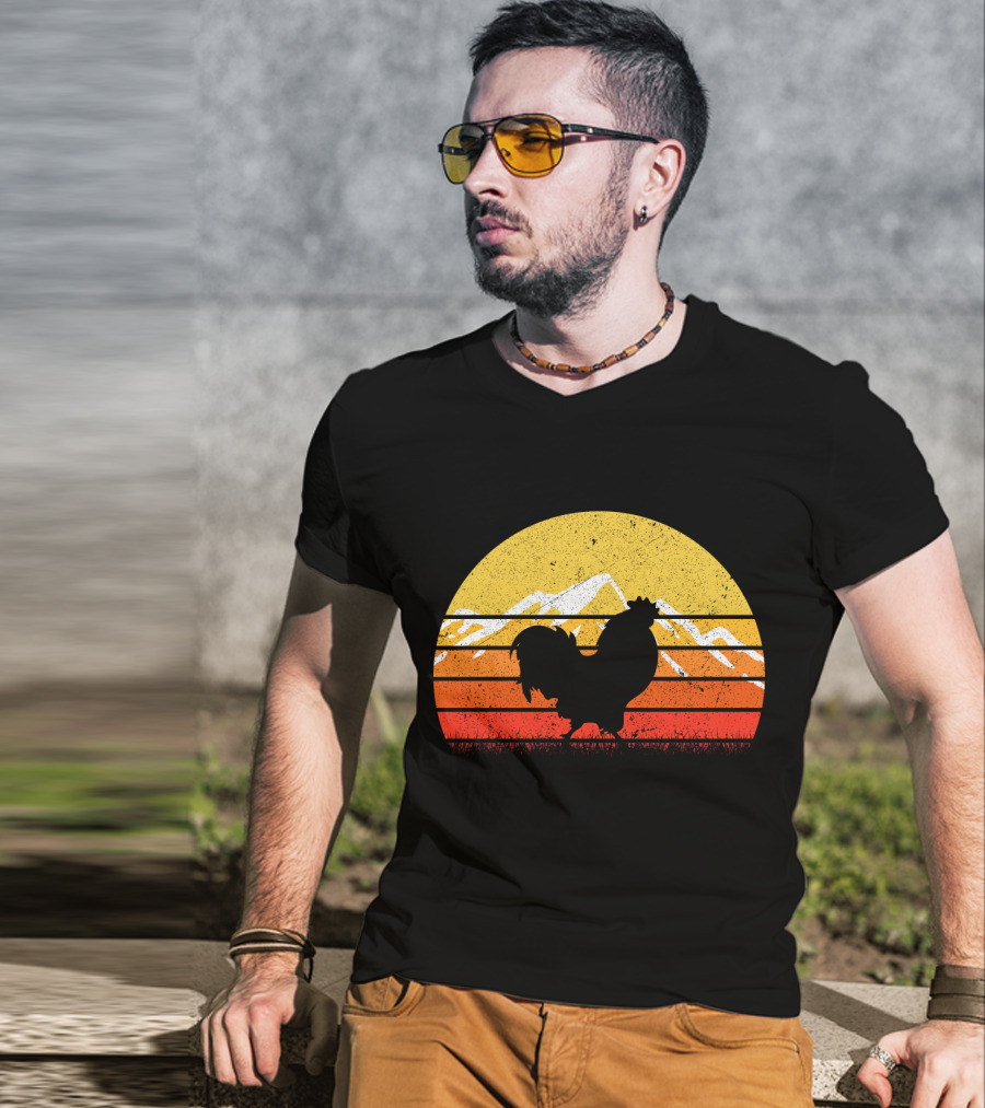 Retro Vintage Chicken Silhouette Sunset With Mountain Background T-Shirt