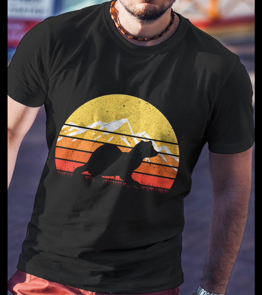 Retro Vintage Ferret Sunset Silhouette Mountain Stripes T-Shirt
