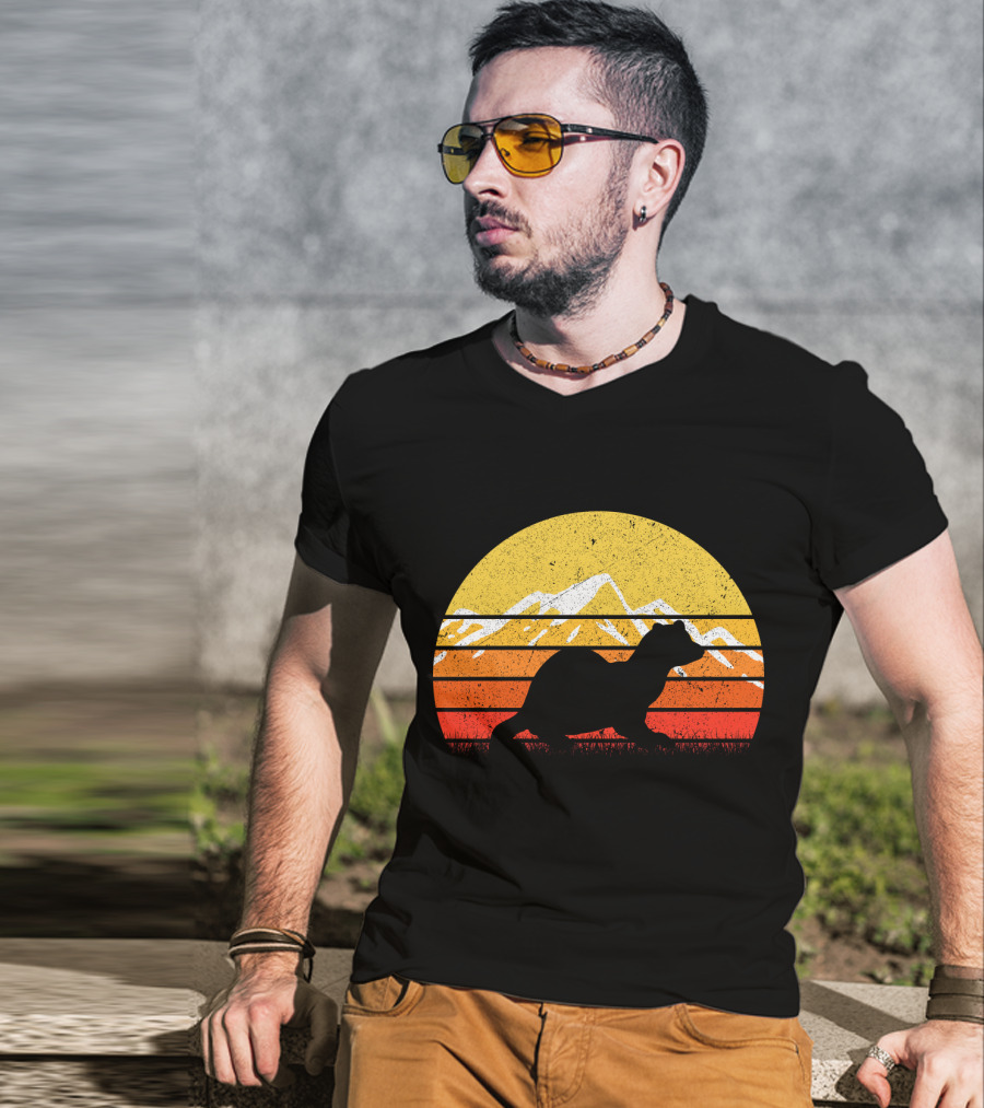 Retro Vintage Ferret Sunset Silhouette Mountain Stripes T-Shirt