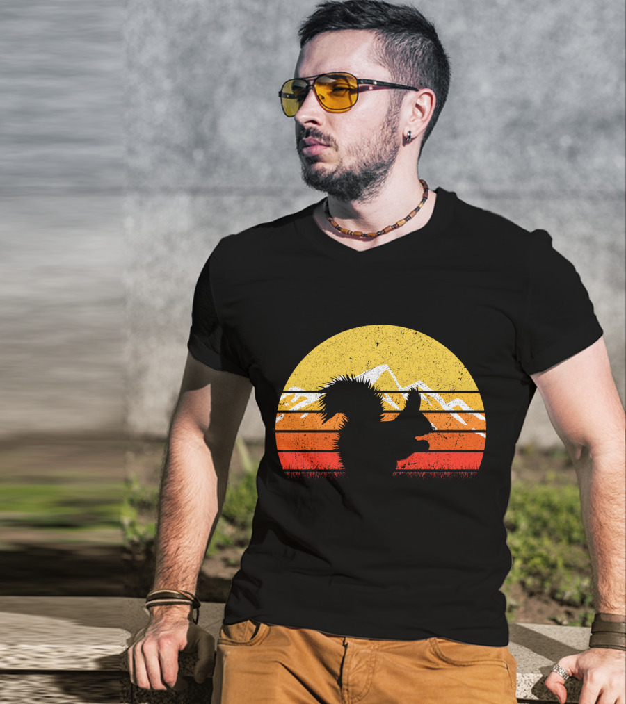 Retro Vintage Squirrel Sunset Silhouette With Mountains T-Shirt