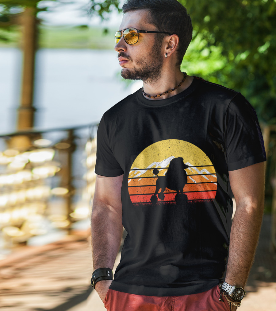 Retro Vintage Poodle Dog Sunset Silhouette With Mountains And Stripes T-Shirt
