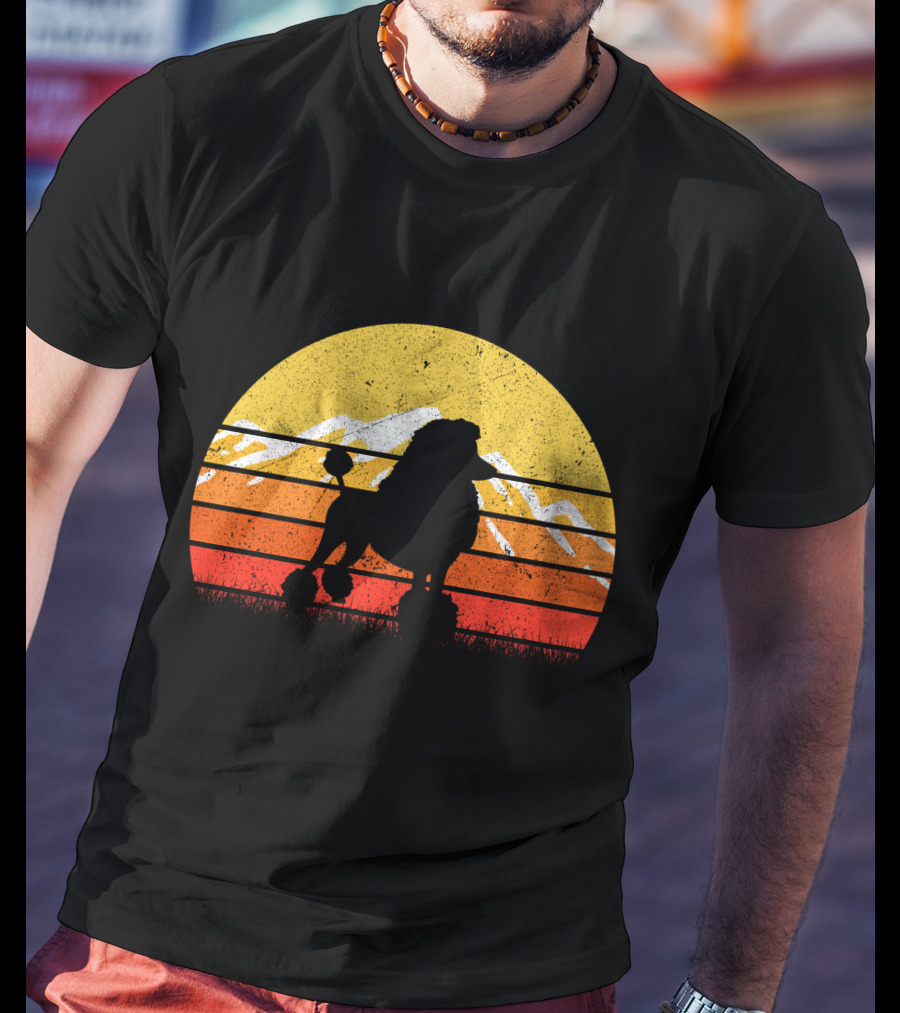 Retro Vintage Poodle Dog Sunset Silhouette With Mountains And Stripes T-Shirt