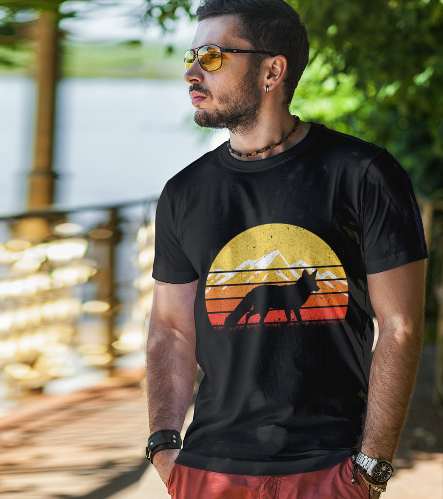 Retro Vintage Fox Silhouette With Mountains And Sunset Stripes T-Shirt