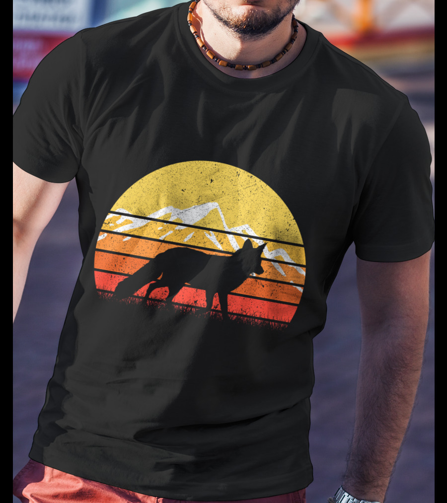 Retro Vintage Fox Silhouette With Mountains And Sunset Stripes T-Shirt