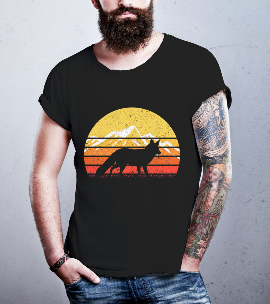 Retro Vintage Fox Silhouette With Mountains And Sunset Stripes T-Shirt