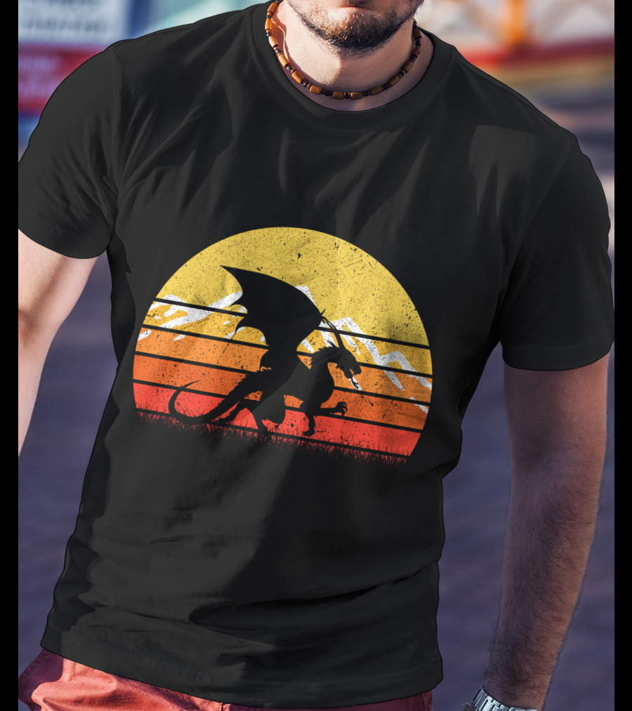 Retro Vintage Dragon With Silhouette And Sunset Mountains T-Shirt