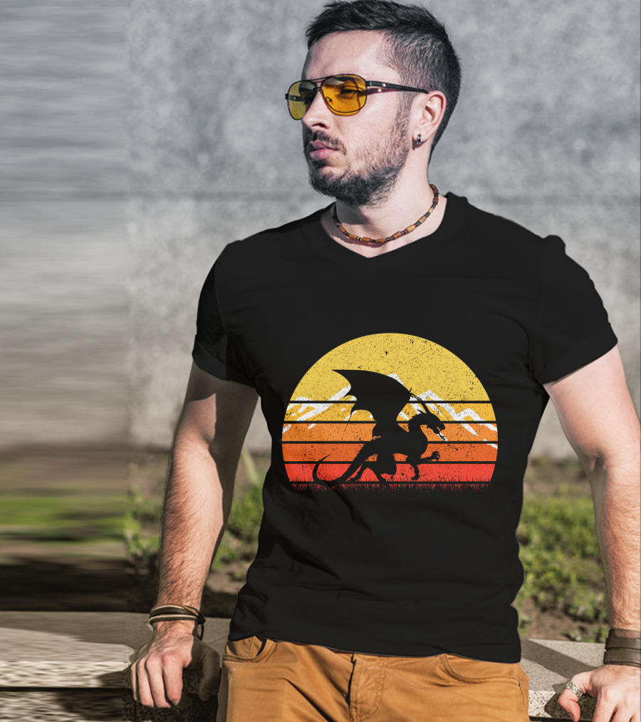 Retro Vintage Dragon With Silhouette And Sunset Mountains T-Shirt