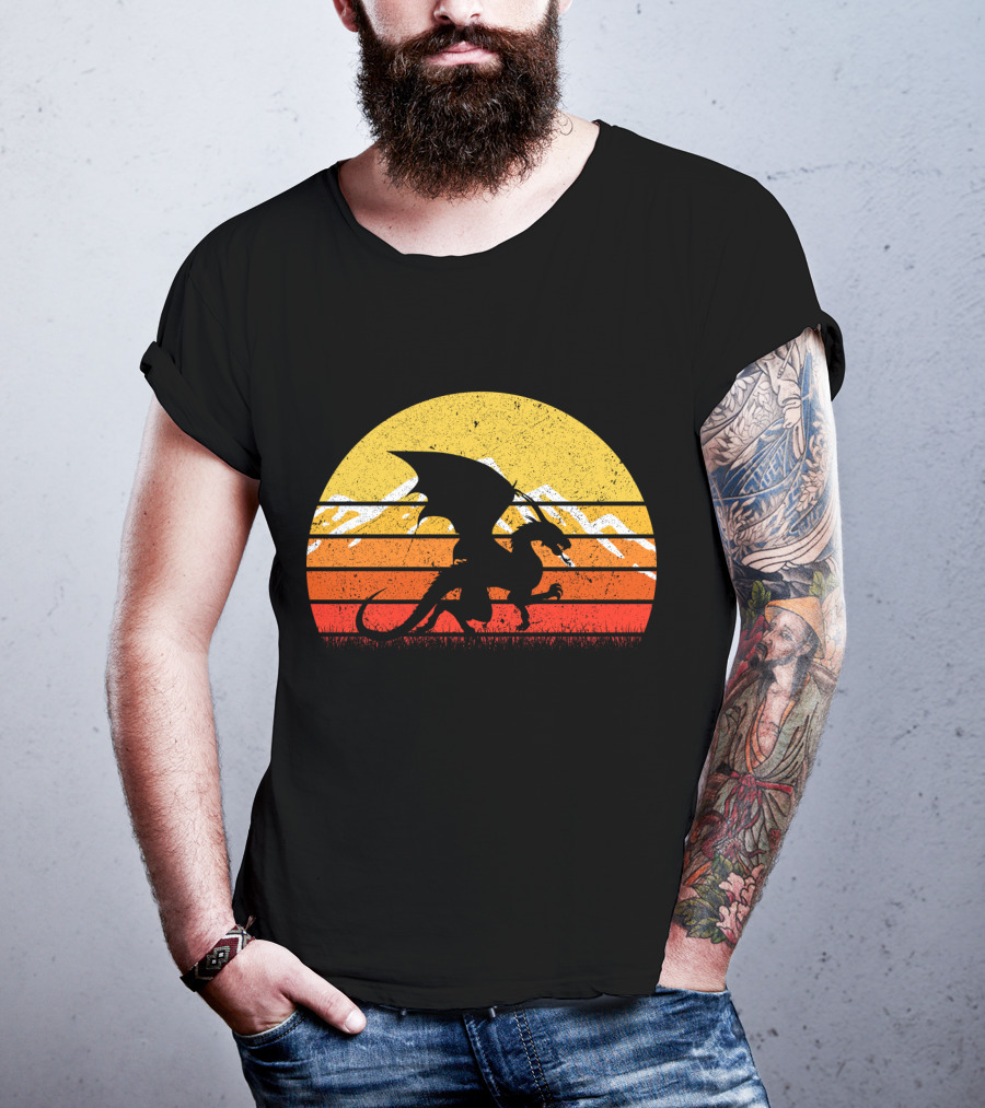 Retro Vintage Dragon With Silhouette And Sunset Mountains T-Shirt