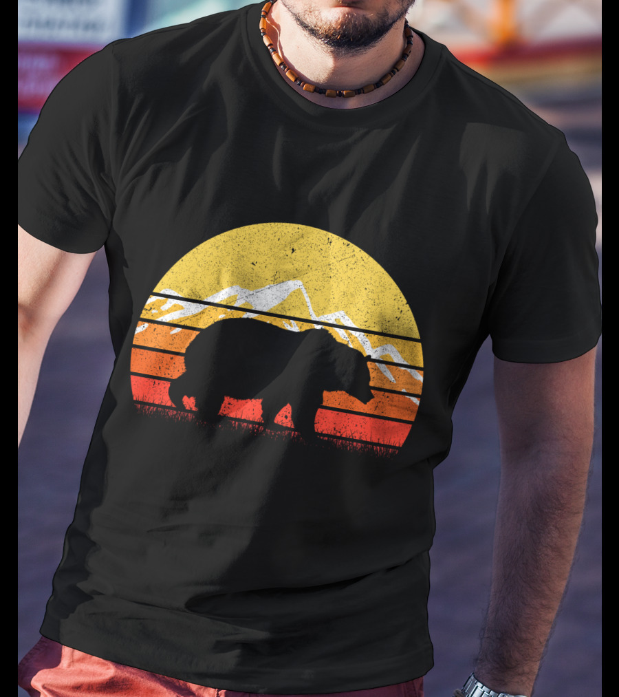 Retro Vintage Bear Silhouette With Sunset And Mountain Background T-Shirt