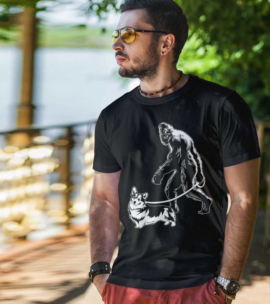 Bigfoot Walking Corgi Dog T-Shirt