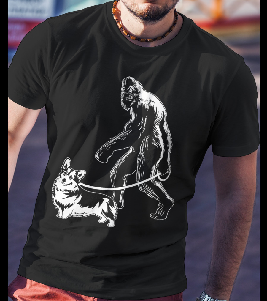 Bigfoot Walking Corgi Dog T-Shirt